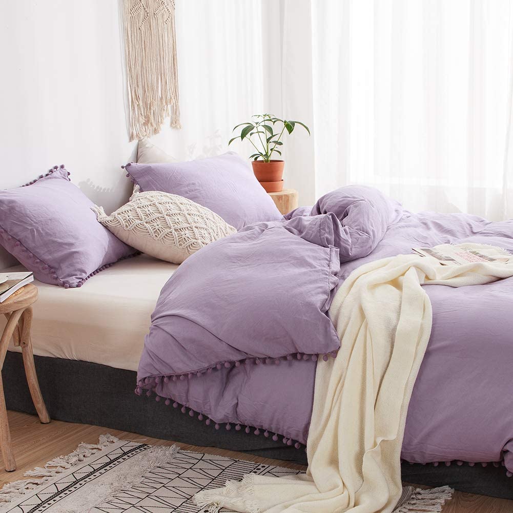 Purple PomPom Bedding Set