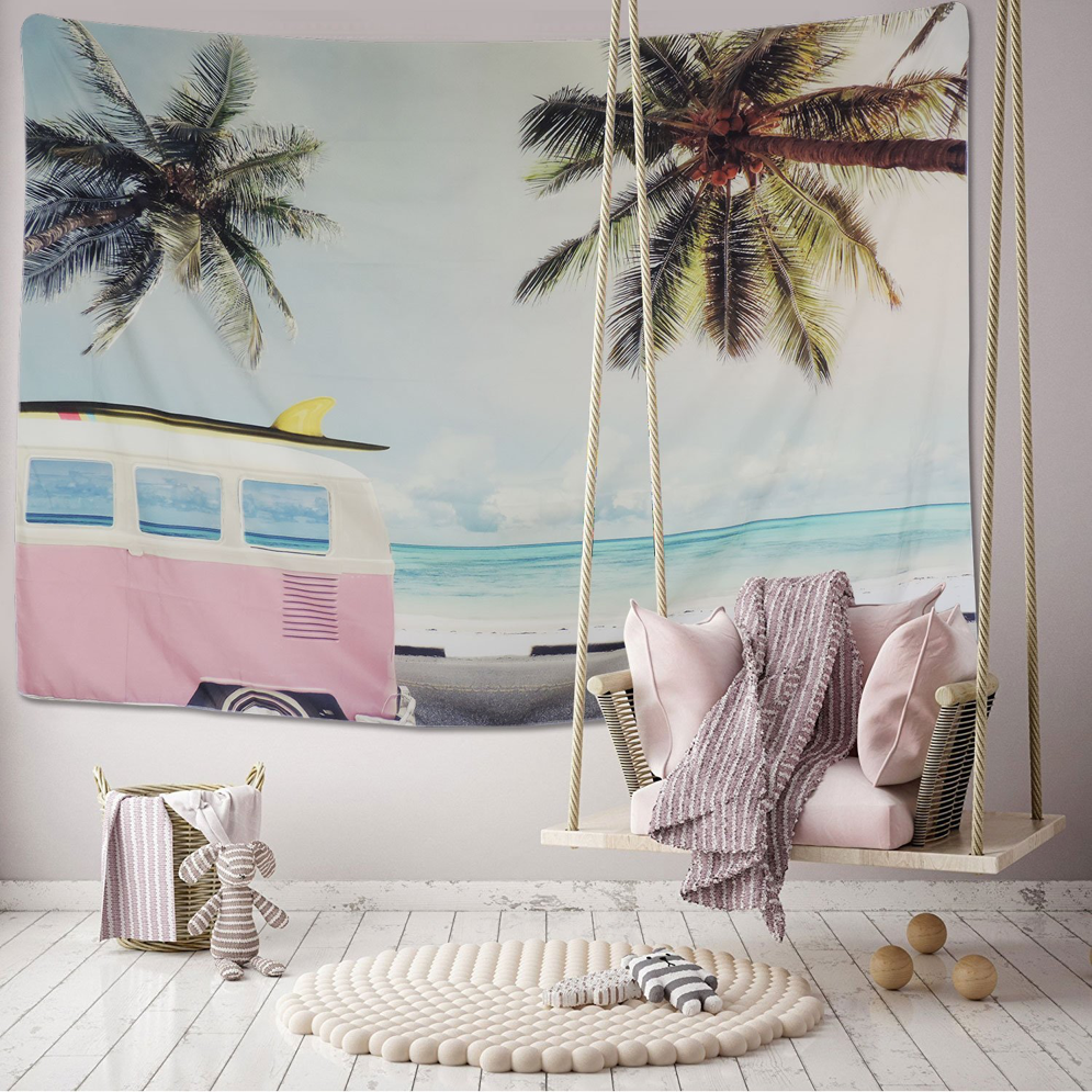 Pink Van On The Beach Tapestry