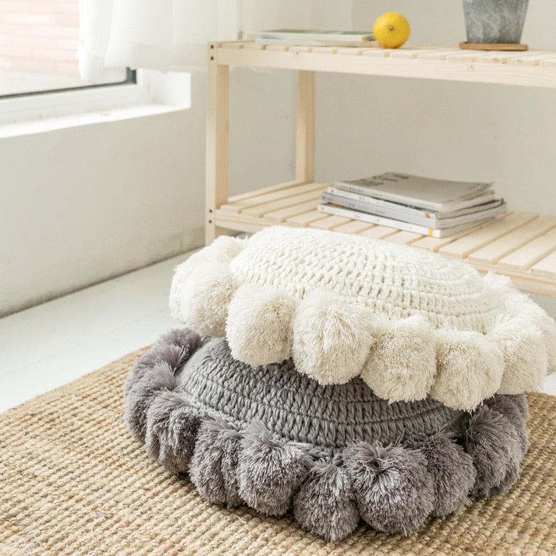 Hand-Knitted Pompom Cushion