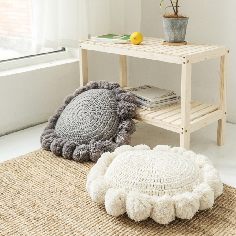 Hand-Knitted Pompom Cushion