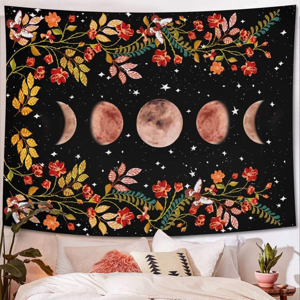 Black Flower Moon Tapestry